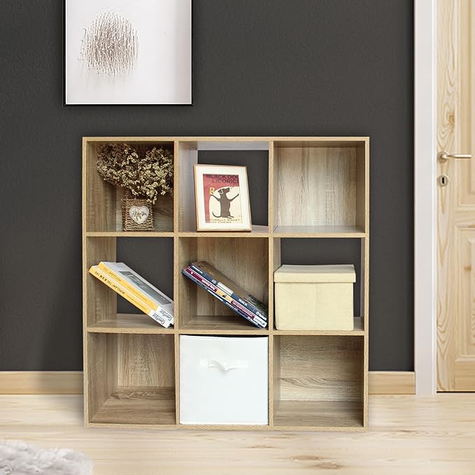 PACHIRA US 9 Cube Storage Bookcase, Unit Shelf, Wooden Closet Cabinet, Bookshelf File Organizer Rack in Living Room, Bedroom, Study, each cube 28.5 cm,Oak - LeafyLoom