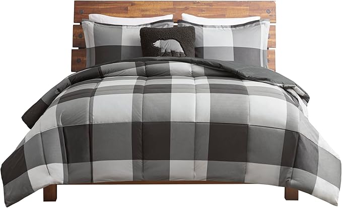 Woolrich Comforter Set, Cabin Lodge, Warm Cover for Colder Season, Modern Cottage-Inspired Down Alternative Ultra Soft Microfiber Bedding, Matching Sham, Plaid Grey/Black Twin 3 Piece - LeafyLoom