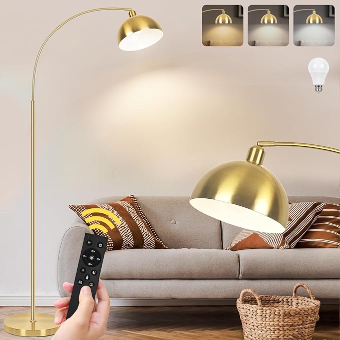 【Upgraded】 Arc Floor Lamps for Living Room - Stepless Dimmable Gold Tall Lamp with Remote Control & Color Temperature 9W LED Bulb, Over Couch Arched Reading Standing Lamp for Bedroom Brass - LeafyLoom
