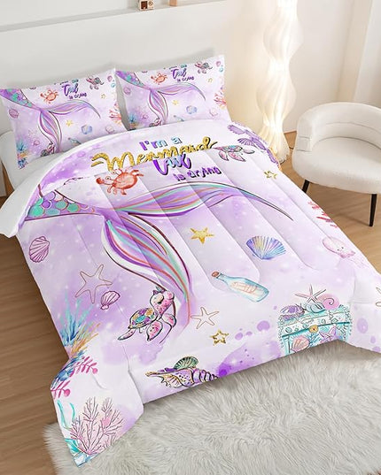 HOSIMA Kids Mermaid Comforter Set with 2 Pillowcases,Watercolor Ocean Life Sea Animal Mermaid Tail Pattern Bedding Set,Light Purpl Comforter for Teens Girls Women Bedroom Full Size Bed in a Bag Set. - LeafyLoom