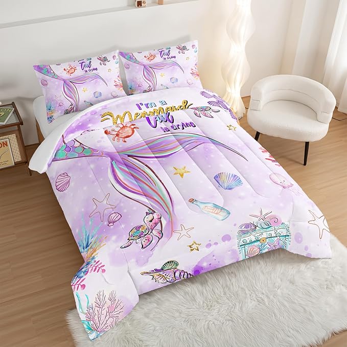 HOSIMA Kids Mermaid Comforter Set with 2 Pillowcases,Watercolor Ocean Life Sea Animal Mermaid Tail Pattern Bedding Set,Light Purpl King Size Comforter Set for Teens Girls Women Bedroom Decor. - LeafyLoom