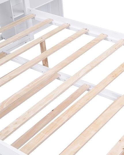 Full Size Platform Bed with Headboard, Pull Out Shelves and Twin Trundle, Wooden Versatile Storage Bedframe for Bedroom Guest Room, White - LeafyLoom