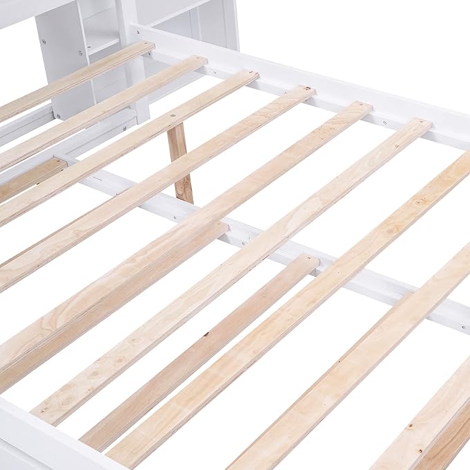 Full Size Platform Bed with Headboard, Pull Out Shelves and Twin Trundle, Wooden Versatile Storage Bedframe for Bedroom Guest Room, White - LeafyLoom