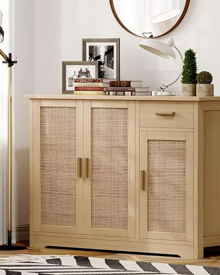 Irontar Kitchen Storage Cabinet, Sideboard Buffet Cabinet with Rattan Decorated Doors, Farmhouse Console Table with Drawer, Coffee Bar, Accent Table for Kitchen, Living Room, Hallway, Natural CWG010M - LeafyLoom