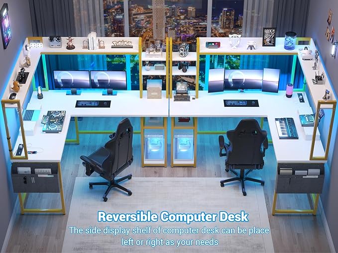 Aheaplus L Shaped Desk with Power Outlet, L Shaped Gaming Desk with Led Light & Hutch, Reversible Home Office Desk, Corner Computer Desk Writing Desk with Monitor Stand & Storage Shelf, White+Gold - LeafyLoom