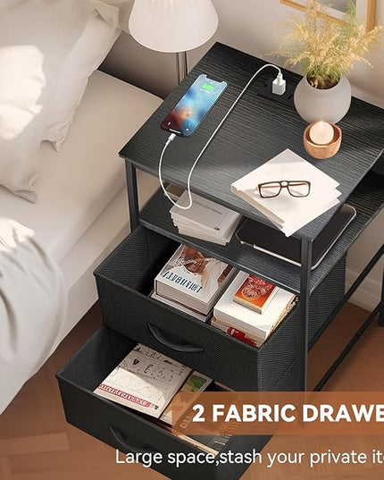 Nightstand with Charging Station, Bedside Table with Fabric Drawers, End Table with Open Shelf, Side Table with USB Ports & Outlets, Night Stand for Bedroom, Black - LeafyLoom