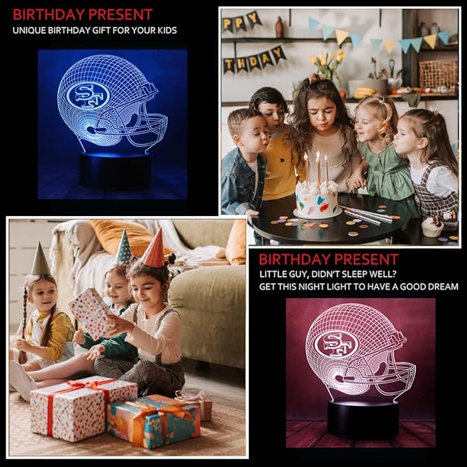chenshiyan American Rugby Competition Football Helmet Shape 3D Optical Illusion LED Bedroom Decor Sleep Table Lamp with Remote 7 Colors Night Light Birthday Xmas Gifts for Kids SF Fans, Men, Women - LeafyLoom