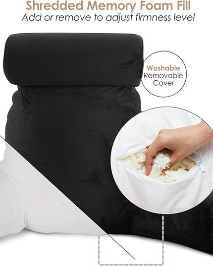 Clara Clark Reading Pillow, Large Back Pillow for Sitting Up in Bed, Memory Foam Back Support Pillow, Reading Pillows for Sitting in Bed Adult, Black Sit Up Pillow for Bed Chair with Arms and Pockets - LeafyLoom