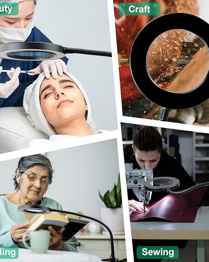 HITTI 10X Magnifying Glass with Light and Clamp, 3 Color Modes Stepless Dimmable Lighted Magnifying Lamp, Flexible Gooseneck LED Magnifier with Stand for Craft Hobby Reading Repair Close Work - LeafyLoom