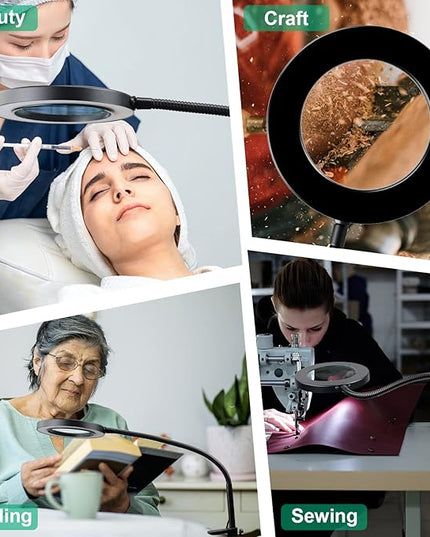 HITTI 12X Large Lens Magnifying Glass with Light, 3 Color Modes Stepless Dimmable Lighted Magnifying Lamp and Clamp, Flexible Gooseneck LED Magnifier Light Stand for Craft Hobby Painting Repairs - LeafyLoom