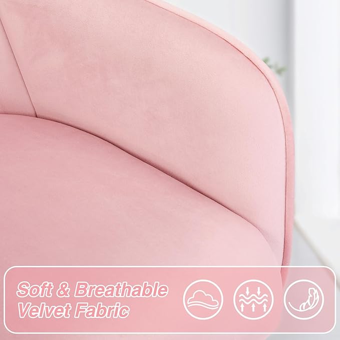 Velvet Desk Chair Vanity Chair for Makeup with Wheels and Back Home Office Chair Adjustable Rolling Swivel Chair for Bedroom Vanity Room Pink - LeafyLoom