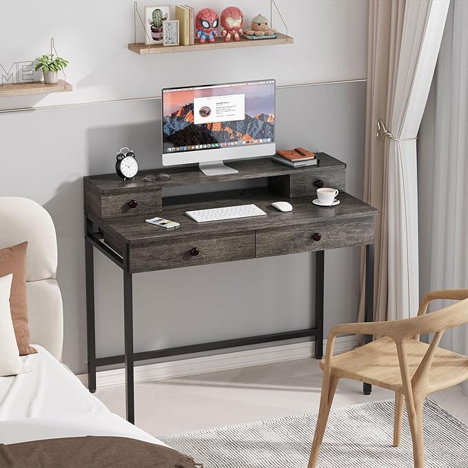 Elephance Small Computer Desk with Monitor Stand 39.37" Home Office Desk with 4 Drawers Study Writing Desk Gaming Table for Small Space - LeafyLoom