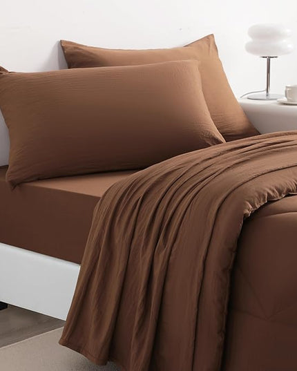 NTBAY Twin Comforter Set with Sheets, 5 Pieces Soft and Breathable Twin Bedding Set, Twin Bed in a Bag, Down Alternative Comforter Set Solid Color All Season, Kids Bedding Set, Brown - LeafyLoom