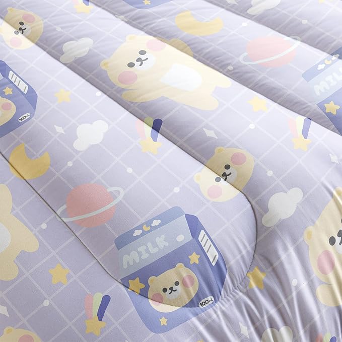 Kawaii Bear Comforter Queen Size,Cartoon Bear Comforter Set for Kids Teens Girls,3Pcs Bedding Set Printed Comforter with 2 Pillowcases,Down Alternative,Soft and Lightweight(Purple，Queen Size) - LeafyLoom