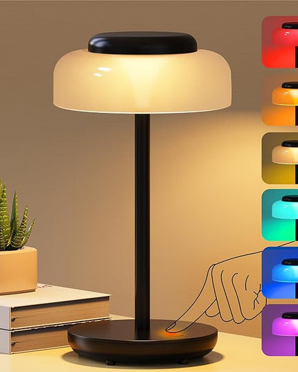 QiMH Battery Operated LED Table Lamp, 5000mAh Cordless Desk Lamp with 3 Level Brightness Touch Control, Mini Rechargeable Night Light for Living Room, Bedroom, Outdoor bar (Black-RGB) - LeafyLoom