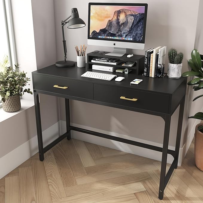 WESTREE Computer Gaming Desk Office - Study Writing Desk with Drawer for Teen, Bedroom Makeup Desk Home Office with Storage Shelf, Height Monitor Stand - LeafyLoom
