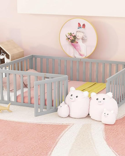 Full Size Wood Floor Bed Frame with Fence, Montessori Floor Bed w/Door, Kids Noise Free Beds, No Box Spring Needed, Easy Assembly, for Children, Toddlers, Gray - LeafyLoom