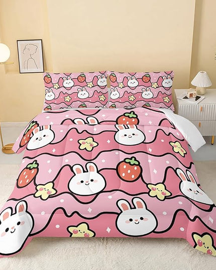 Kawaii Rabbit Comforter,Strawberry Rabbit Comforter Set for Kids Teens Girls,3Pcs Bedding Set Printed Comforter with 2 Pillowcases,Down Alternative,Soft and Lightweight(Pink，Full Size) - LeafyLoom