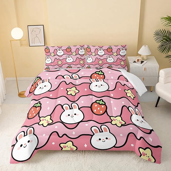 Kawaii Rabbit Comforter,Strawberry Rabbit Comforter Set for Kids Teens Girls,3Pcs Bedding Set Printed Comforter with 2 Pillowcases,Down Alternative,Soft and Lightweight(Pink，Full Size) - LeafyLoom
