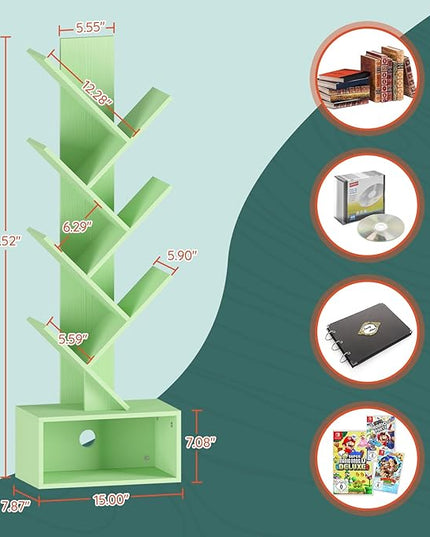 Yoobure Tree Bookshelf - 6 Shelf Retro Floor Standing Bookcase, Tall Wood Book Storage Rack for CDs/Movies/Books, Utility Book Organizer Shelves for Bedroom, Living Room, Home Office Green - LeafyLoom