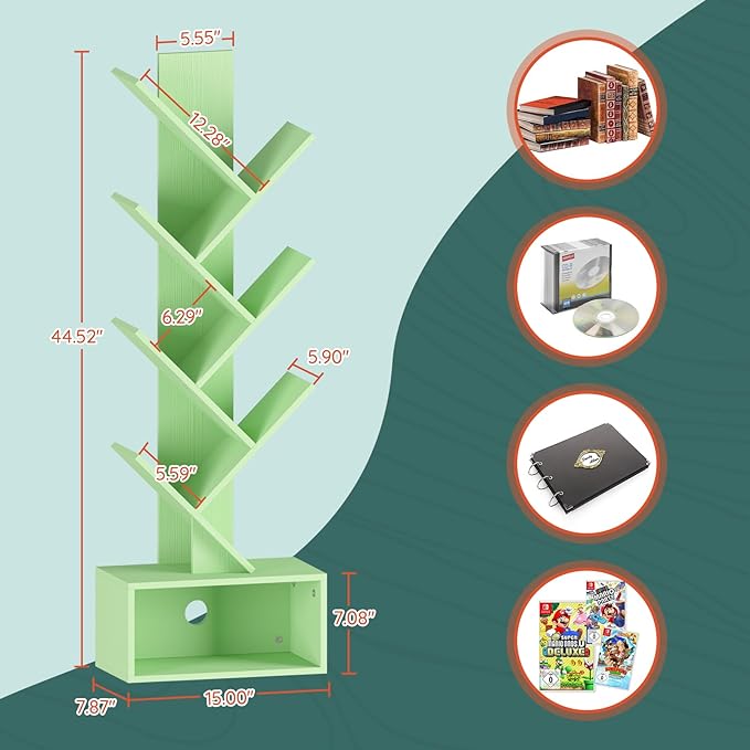 Yoobure Tree Bookshelf - 6 Shelf Retro Floor Standing Bookcase, Tall Wood Book Storage Rack for CDs/Movies/Books, Utility Book Organizer Shelves for Bedroom, Living Room, Home Office Green - LeafyLoom