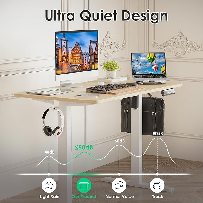 STARY Electric Adjustable Height Sit Stand Home Office Desk with Splice Board, 40x24, Castin Oak Desktop/White Frame - LeafyLoom