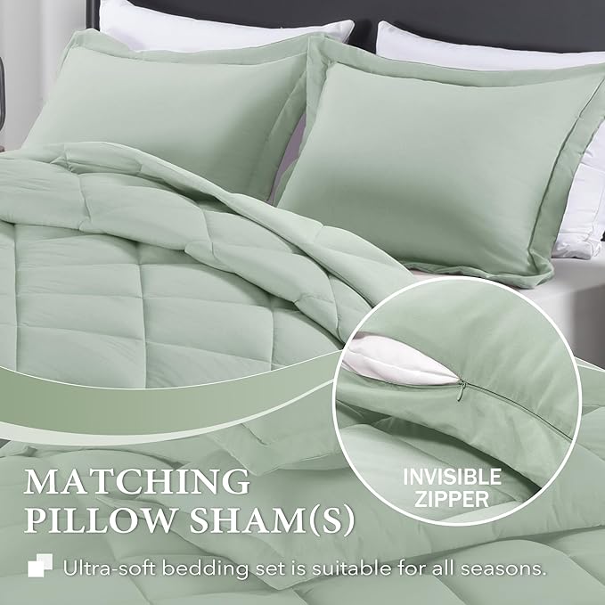 downluxe King Size Comforter Set - Sage Green King Comforter Set, 3 Pieces Soft Solid Comforter King Size Set for All Seasons, 1 Lightweight Fluffy Comforter (104"x92") and 2 Pillow Shams - LeafyLoom