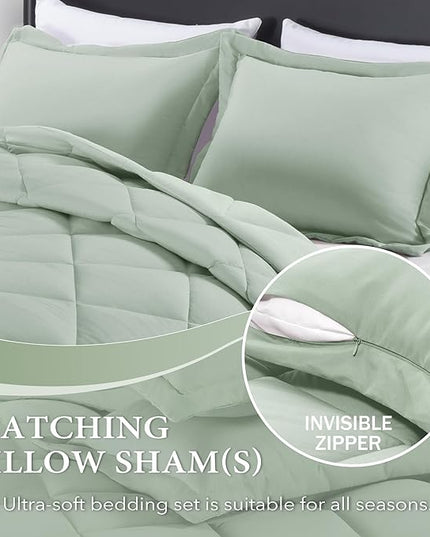 downluxe Queen Comforter Set - Sage Green Comforter Set Queen, 3 Pieces Solid Comforter Set Queen Size for All Seasons, 1 Lightweight Fluffy Comforter (88"x92") and 2 Pillow Shams - LeafyLoom