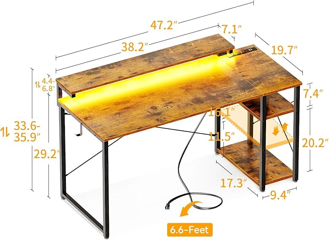 MOTPK Computer Desk with Led Lights & Power Outlet, 47 Inch Reversible Kids Desk with Shelves, Writing Desk with Adjustable Monitor Stand & Headphone Hook, Work Desk for Home Office, Brown - LeafyLoom