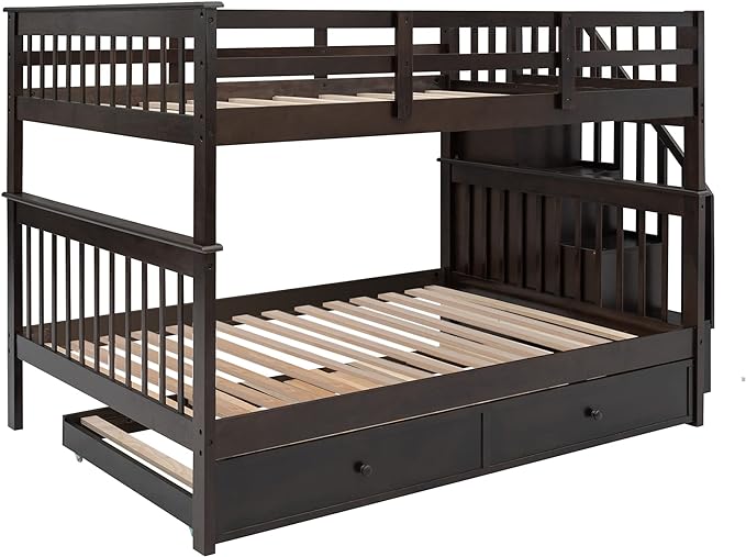 Stairway Bunk Bed Full Over Full with Twin Size Trundle and Stairs Storage, Wooden 3 Bedframe for Kids Teens Adults, Bedroom Furniture, can be Detachabled, Espresso - LeafyLoom