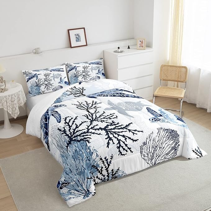 Turtle Comforter Set Twin,White Blue Hawaiian Turtle Bedding for Kids,Reptile Tortoise Quilt Duvet Set Coastal Beach Theme Comforter Retro Sea Turtle Bed Set for Boys Girls Bedroom Decor(Marine life) - LeafyLoom