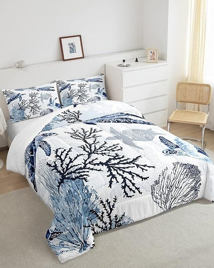 Turtle Comforter Set Full,White Blue Hawaiian Turtle Bedding for Kids,Reptile Tortoise Quilt Duvet Set Coastal Beach Theme Comforter Retro Sea Turtle Bed Set for Boys Girls Bedroom Decor(Marine life) - LeafyLoom