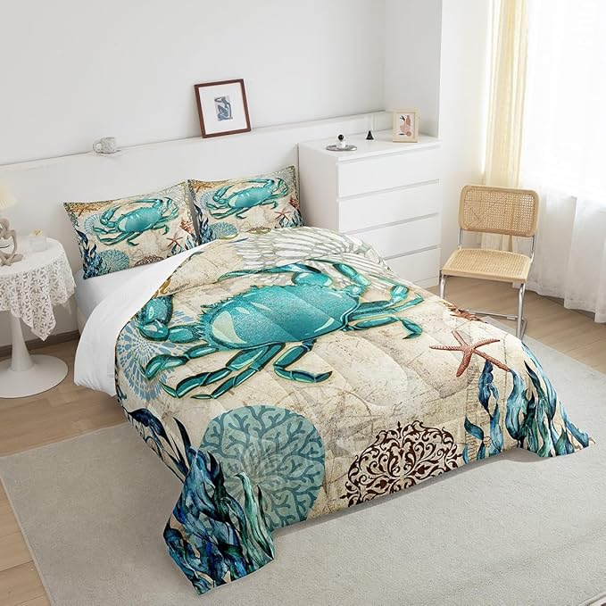Sea Beach Theme Comforter Set Kids Beach Crabs Print Twin Bedding 3D Sea Animal Crab Luxury Microfiber Quilted Duvet Set with 1 Pillowcase,Soft Lightweight Marine Life Decorative Bedding Soft Fluffy - LeafyLoom