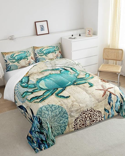 Sea Beach Theme Comforter Set Kids Beach Crabs Print King Bedding 3D Sea Animal Crab Luxury Microfiber Quilted Duvet Set with 2 Pillowcases,Soft Lightweight Marine Life Decorative Bedding Soft Fluffy - LeafyLoom