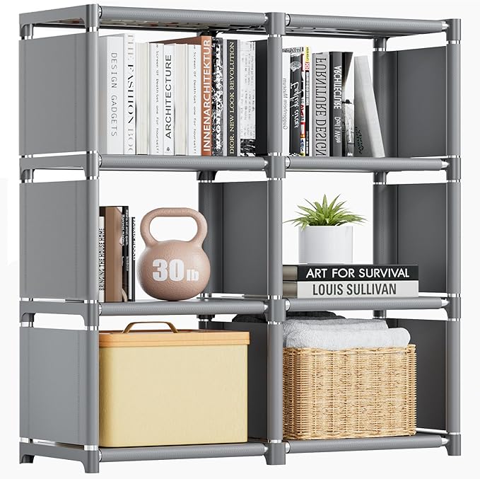 Mavivegue Book Shelf, 6 Cube Storage Organizer, DIY Bookcase, Metal Cube Bookshelf,Tall Book case for Bedroom, Living Room,Office,Closet Storage Organizer, Grey Cubicle Storage Rack - LeafyLoom