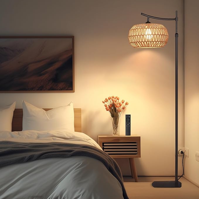 Arc Boho Farmhouse Black Floor Lamp, Standing Lamp with Rattan & Fabric Double Shade with Remote Control, Dimmable LED Bulb with 4 Color Temperature, Tall Pole for Living Room Bedroom Corner Office - LeafyLoom