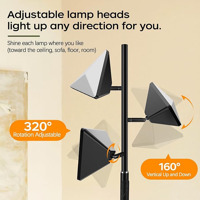 QiMH RGBCW Floor Lamp, 36W Stepless Dimmable LED Tall Standing Lamp with Touch and Remote Control, 4 Color Temperatures, 3 Rotatable Light Tree Floor Lamp for Living Room, Bedroom, Home, Office - LeafyLoom