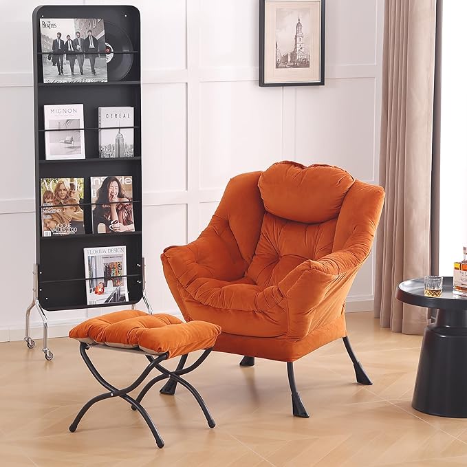 LITA Lazy Chair with Ottoman, Modern Lounge Accent Chair with Armrests and a Side Pocket, Leisure Upholstered Sofa Chair Set, Reading Chair with Footrest for Small Space, Corner Chair,Orange - LeafyLoom