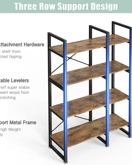 4 Tier Bookcase and Bookshelf, Rustic Industrial Bookshelf, Large Etagere Bookshelf Open Display Shleves with Metal Frame for Living Room Bedroom Home Office, Rustic Brown - LeafyLoom