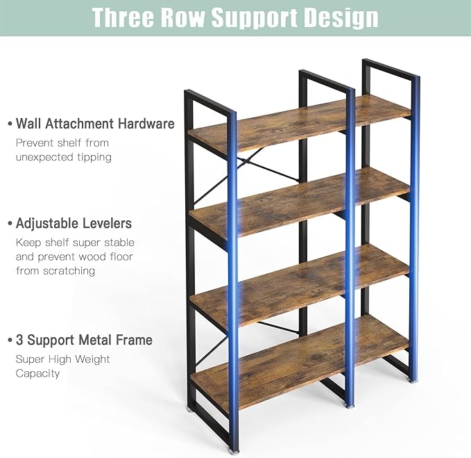 4 Tier Bookcase and Bookshelf, Rustic Industrial Bookshelf, Large Etagere Bookshelf Open Display Shleves with Metal Frame for Living Room Bedroom Home Office, Rustic Brown - LeafyLoom