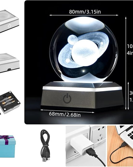 3D Crystal Ball Saturn Model, with Led Lamp Stand, 3.15'' Saturn Planets Glass Ball Decor, Engraved Crystal Sphere with Gift Box, 6 Color Light, Romantic Gifts for Kids Friends - LeafyLoom