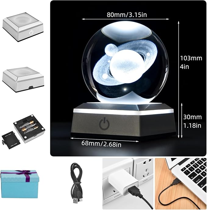 3D Crystal Ball Saturn Model, with Led Lamp Stand, 3.15'' Saturn Planets Glass Ball Decor, Engraved Crystal Sphere with Gift Box, 6 Color Light, Romantic Gifts for Kids Friends - LeafyLoom
