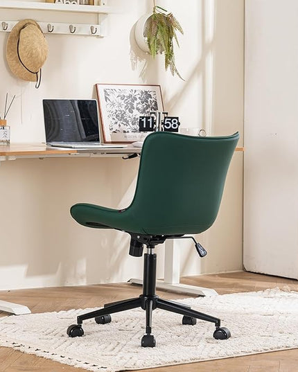 YOUTASTE Dark Green Office Chair Modern Armless Desk Chair with Wheels, Adjustable Swivel Rocking Rolling Computer Gaming Chair, Upholstered Faux Leather Sewing Chairs with Back - LeafyLoom