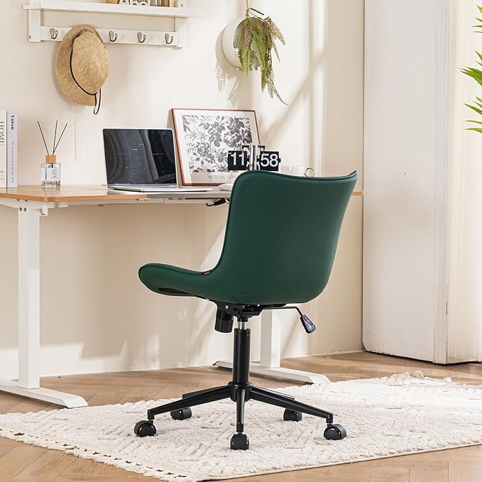 YOUTASTE Dark Green Office Chair Modern Armless Desk Chair with Wheels, Adjustable Swivel Rocking Rolling Computer Gaming Chair, Upholstered Faux Leather Sewing Chairs with Back - LeafyLoom