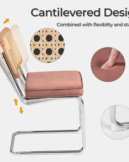 Dining Chair Set of 2, Mid-Century Modern Rattan Dining Chairs with Metal Chrome Legs, Natural Cane Backrest Upholstered for Home Kitchen，Dining Room and Patio, Pink - LeafyLoom