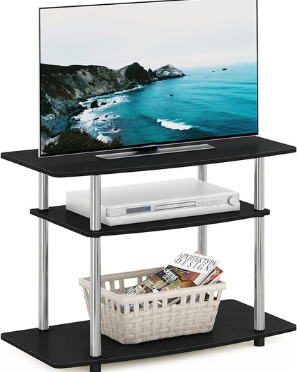 Furinno Turn-N-Tube No Tools 3-Tier Entertainment Center TV Stand for TV up to 32 Inch, Stainless Steel Tubes, Americano/Chrome - LeafyLoom