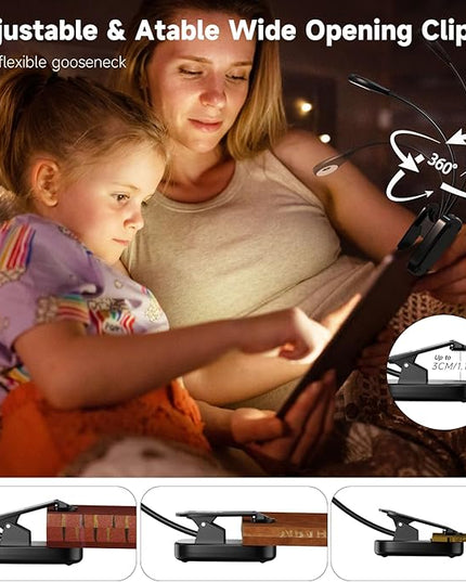 Book Lights for Reading in Bed, 12 LEDs Rechargeable Battery Clip Lamp with 3 Lighting Color, Stepless Dimming, Eye Protection, 80 Hours Runtime, 360° Flexible Gooseneck, Lightweight, Portable - LeafyLoom