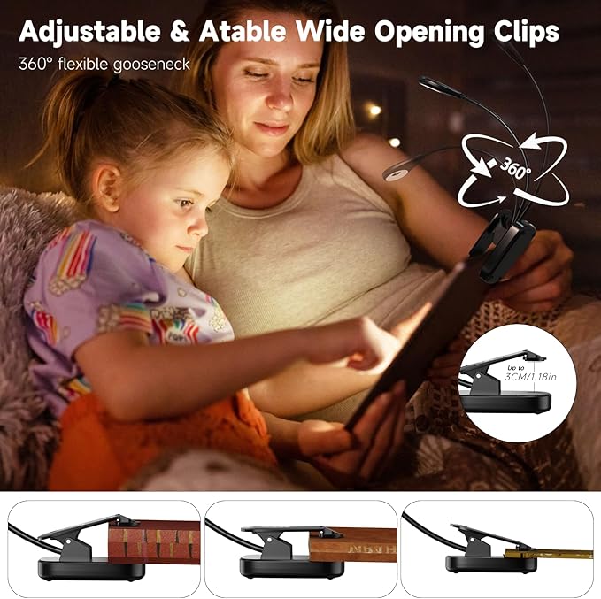 Book Lights for Reading in Bed, 12 LEDs Rechargeable Battery Clip Lamp with 3 Lighting Color, Stepless Dimming, Eye Protection, 80 Hours Runtime, 360° Flexible Gooseneck, Lightweight, Portable - LeafyLoom