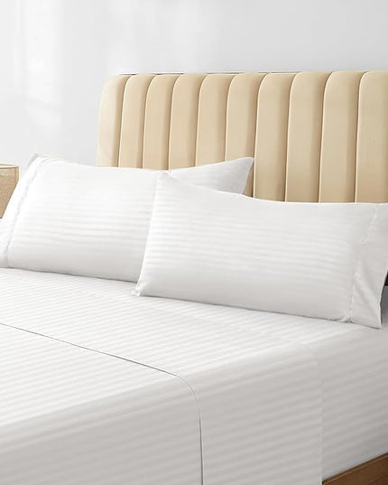 LuxClub Striped Sheets, 4 PC Striped Bed Sheets Twin Size, Deep Pockets 18" Eco Friendly Wrinkle Free-Kids-Fitted Sheets Machine Washable Hotel Bedding (Twin XL, White) - LeafyLoom