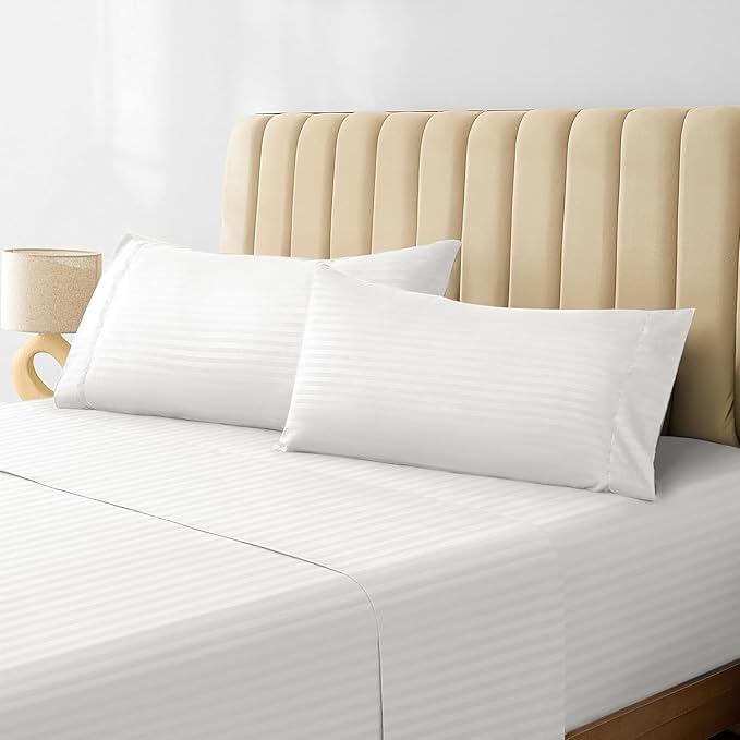LuxClub Striped Sheets, 4 PC Striped Bed Sheets Twin Size, Deep Pockets 18" Eco Friendly Wrinkle Free-Kids-Fitted Sheets Machine Washable Hotel Bedding (Twin XL, White) - LeafyLoom